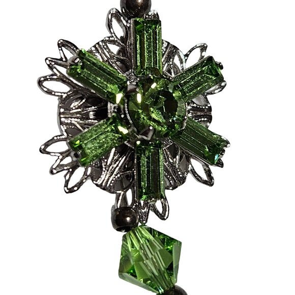 Vintage Green Crystal Faux Pearl Beaded Bracelet Silver Floral Clasp Jewelry - Picture 2 of 6